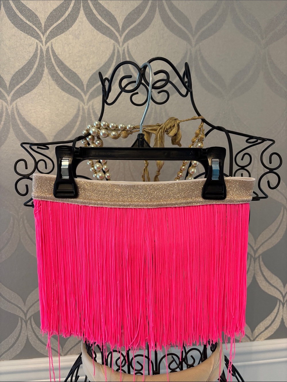 Girls Hot Pink Fringe Swim Coverup Skirt with Gold Elastic Waistband